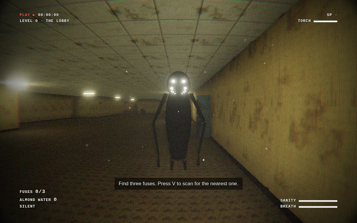 Backrooms 2: the Smiler standing in a yellow wallpaper corridor under buzzing ceiling lights