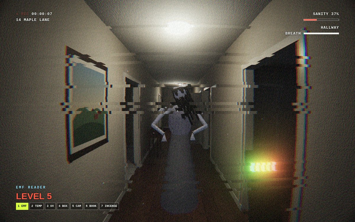 Cold Spot: a pale ghost coming down the hallway of a house while the EMF reader shows level 5