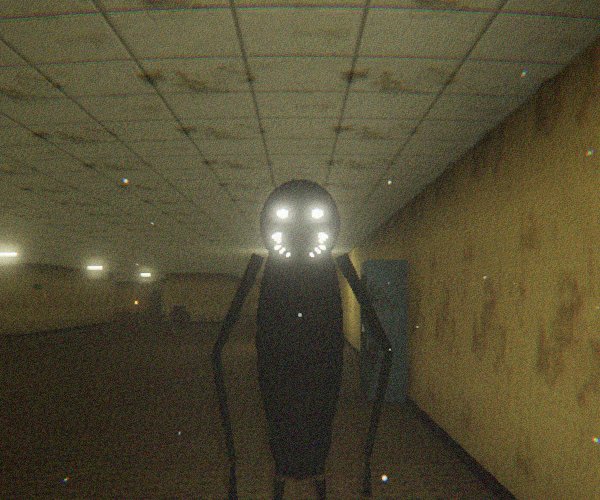 The Smiler in Backrooms 2 standing in a yellow corridor with glowing eyes and teeth