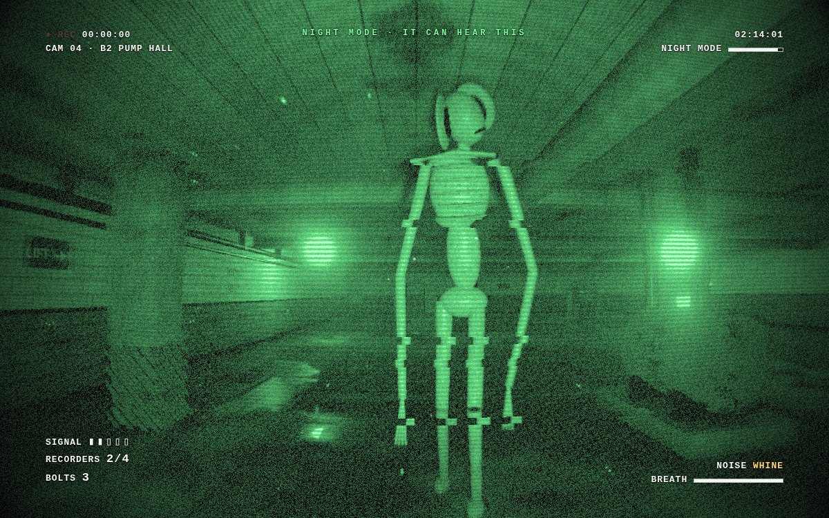 Dead Air: a tall thin creature with huge ears in a flooded pump hall, seen through a green night-vision body camera