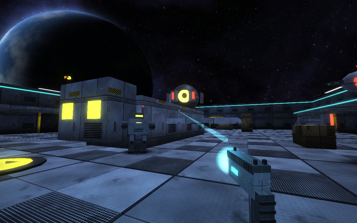 Dead Orbit: first-person view of a metal hangar on a space station, with a huge round machine with one eye, a walking machine and a blue planet outside