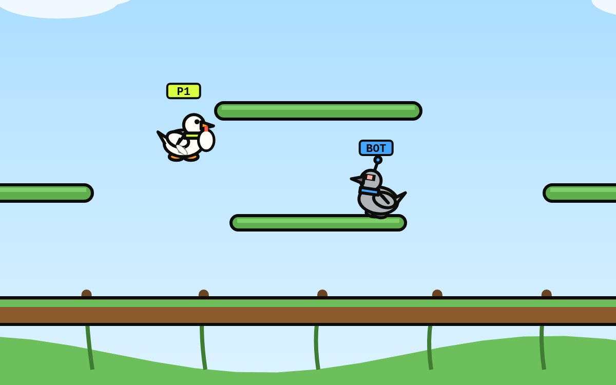Duck Duel: a white duck glides toward a grey Robo-Duck above the pond