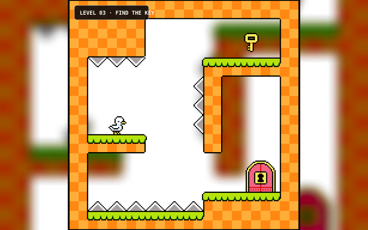 Actual DuckGame level with the duck, key, locked door and spikes