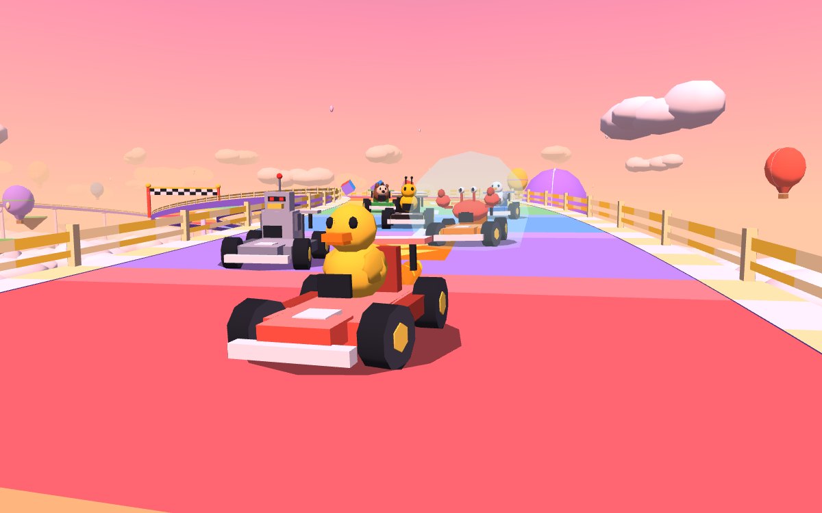 Duck Kart: a yellow duck in a red kart leads Robo-Duck, a bee and a crab along a rainbow road above pink clouds