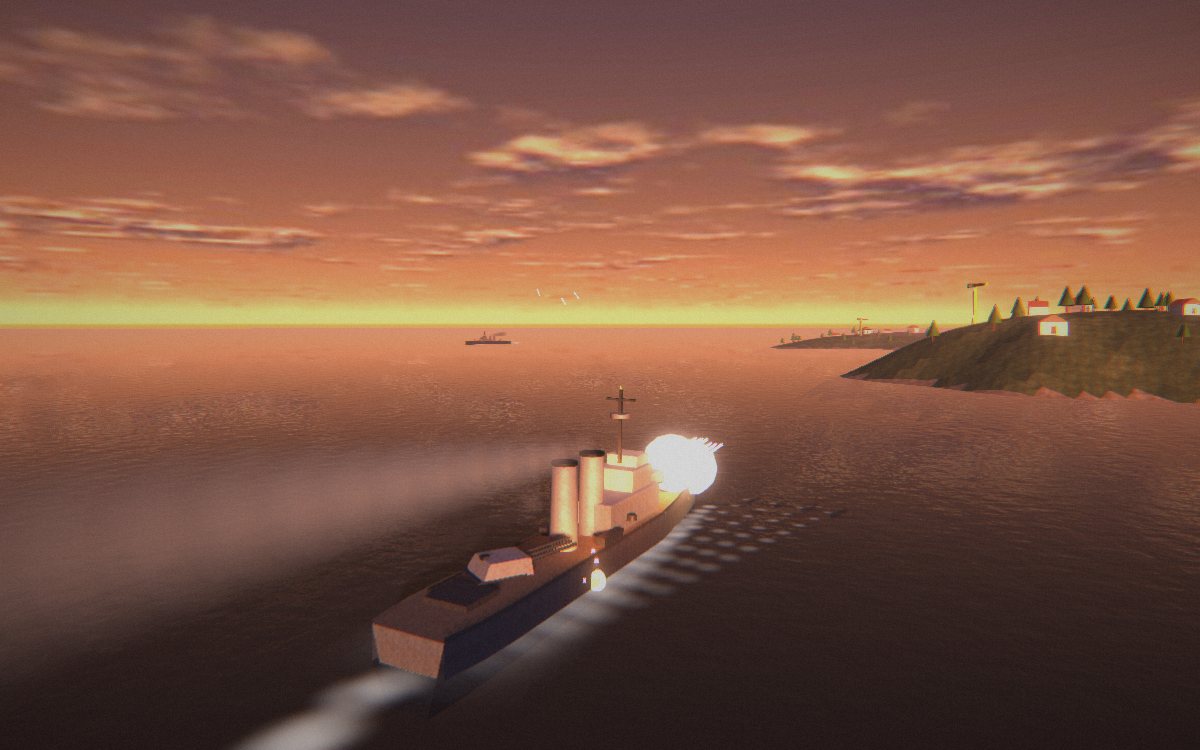Iron Tide: a grey cruiser fires its front guns at sunset, an island with houses and trees on one side and a machine cruiser on the horizon