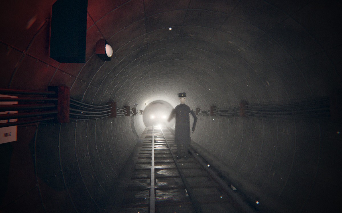Last Train: the Conductor, a tall figure in a long coat and a peaked cap with a blank white face, standing on the track in a cast-iron tube tunnel, lit by a torch