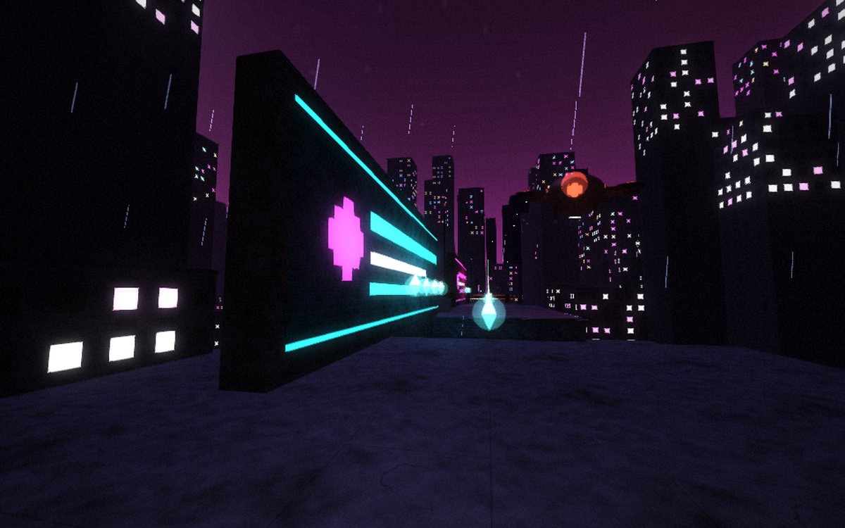 Pendar Run: a first-person view across night rooftops, a glowing billboard on the left, a trail of shards, and the Seeker machine with its red eye in the sky ahead