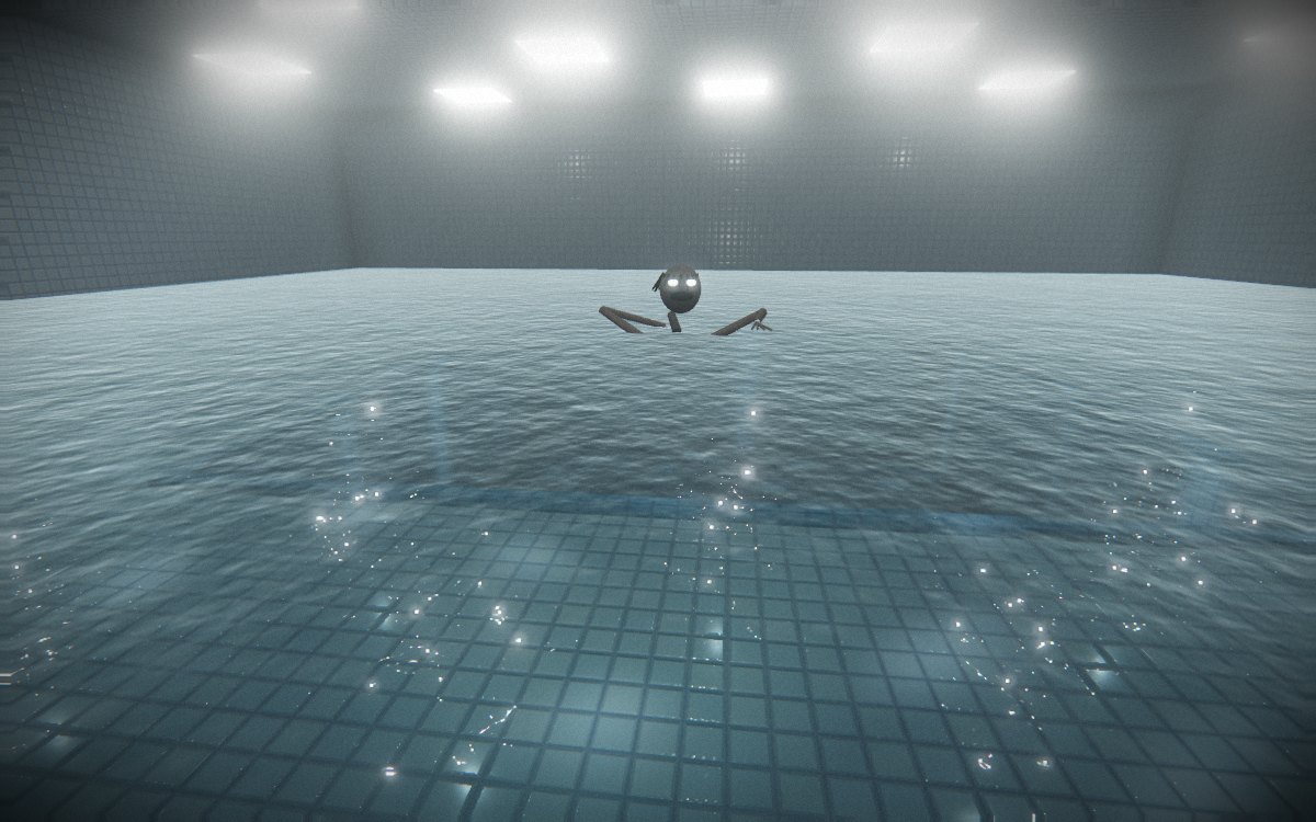 Poolrooms Dive: a pale swimmer rising out of a tiled pool