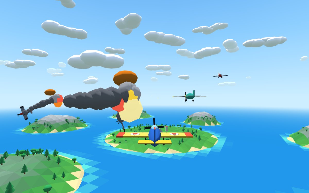Sky Squadron: a blue and yellow plane chases red raiders over green islands, with a wingman alongside and a smoke trail across the sky