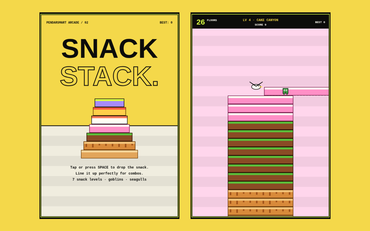 Snack Stack title screen and a tall cake tower with a seagull