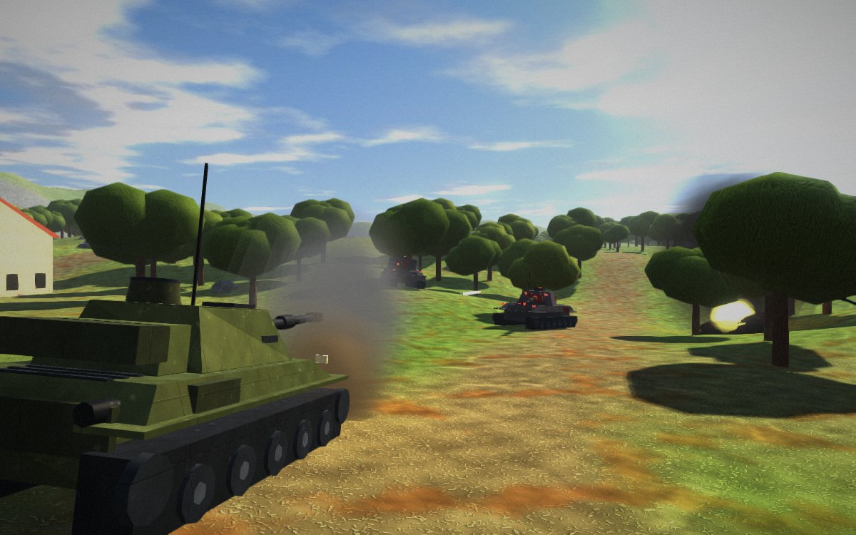 Steel Front: a green tank on a dirt road between trees, firing at a dark machine tank with red lights, with a burning wreck nearby