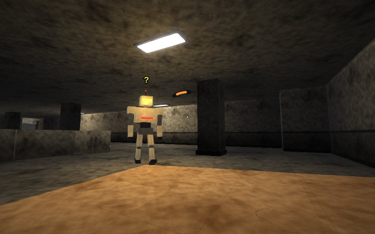Tower Job: a dark office lobby seen from a crouch, a tall guard robot with a glowing blue visor walking past, its yellow sight cone lighting the floor